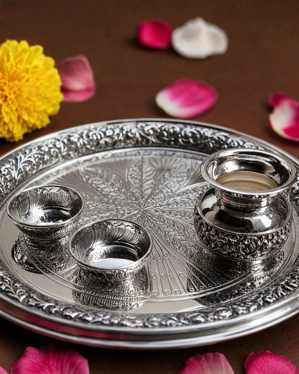 Floral Engraved Pooja Thali Set