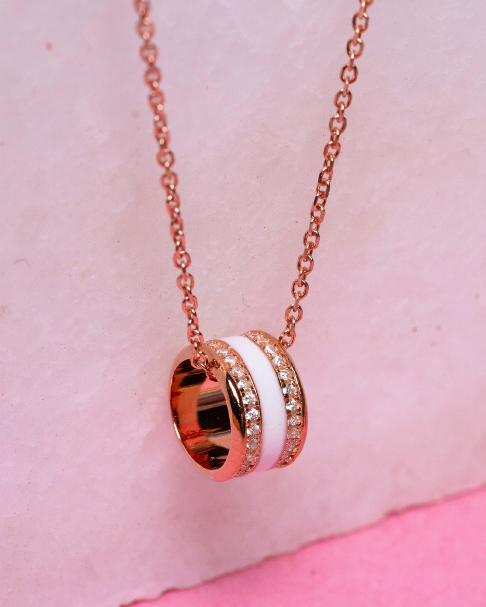 Rose Gold-Tone and White Enamel Cylindrical Pendant Chain