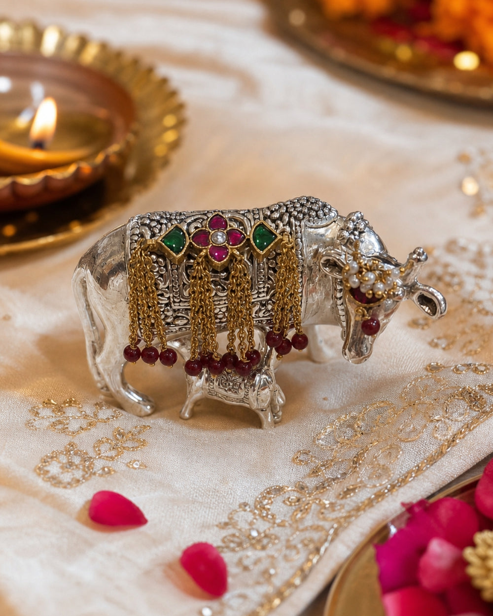 Kamdhenu Cow and Calf Silver Figurine