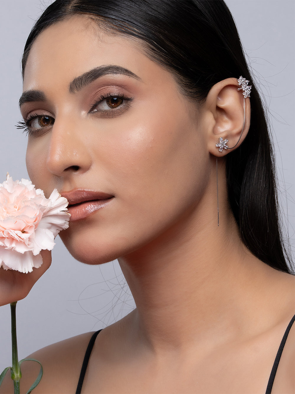 Crystal Flower Chain Ear Cuff and Threader
