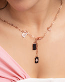 Rose Gold Multi-Charm Paperclip Chain with Earing Set