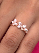 Rose Gold-Tone Floral Pearl and Crystal Ring Size 5