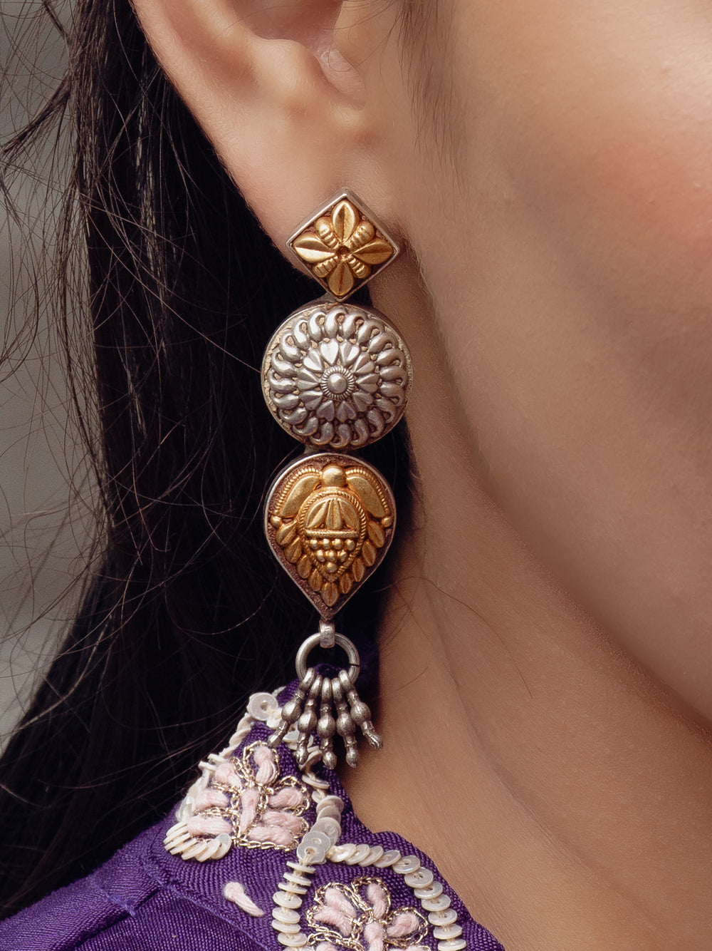 Dual Tone Oxidized Drop Earrings