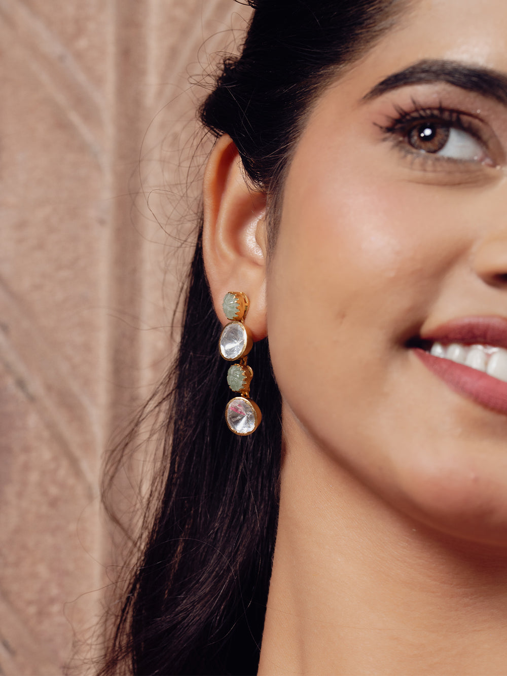 Gold-Tone Green Stone Drop Earrings