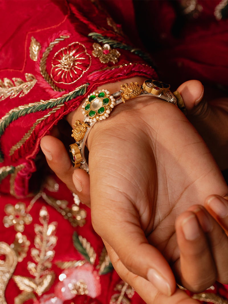 Traditional Meenakari Kundan and Pearl Animal Bangles (Set of 2)