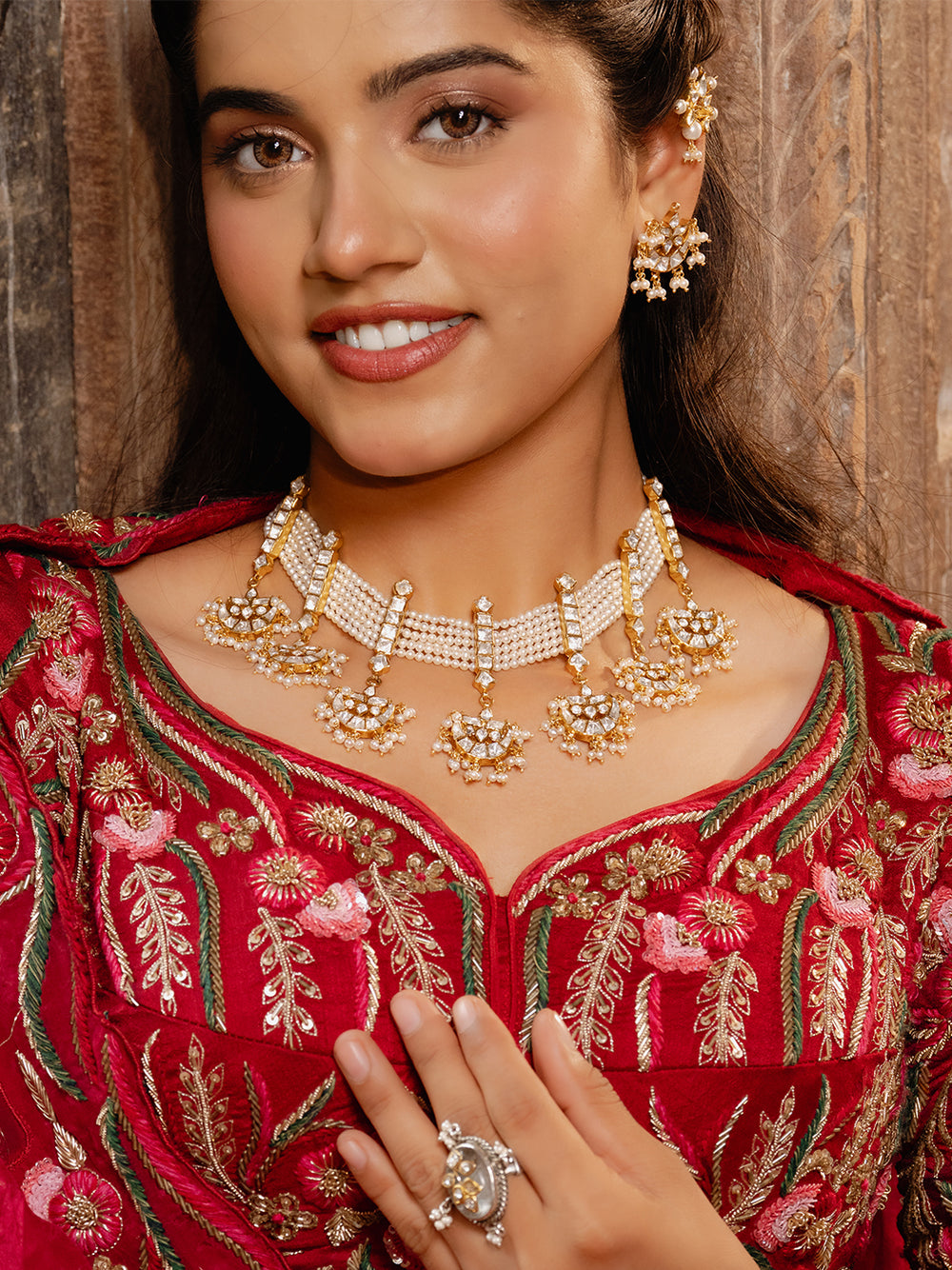 Polki and Pearl Elephant Motif Necklace with Earing Set