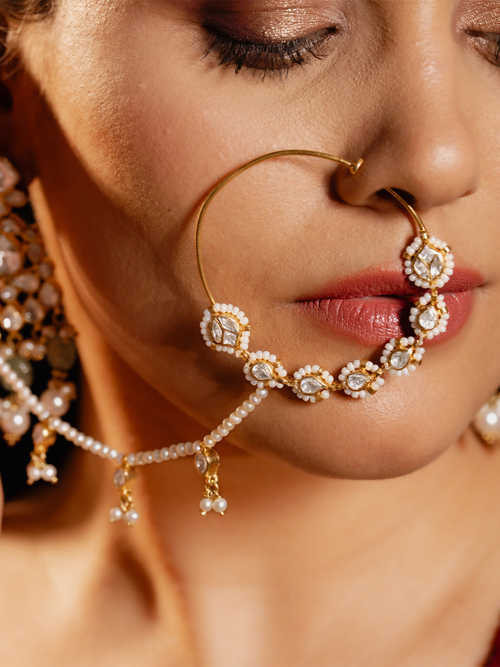 Kundan & Pearl Clip-On Bridal Nath (Nose Ring)