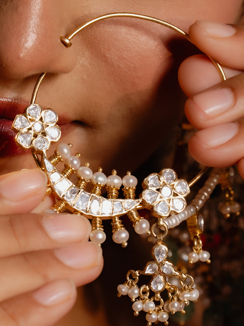 Kundan & Pearl Drop Clip-On Bridal Nath