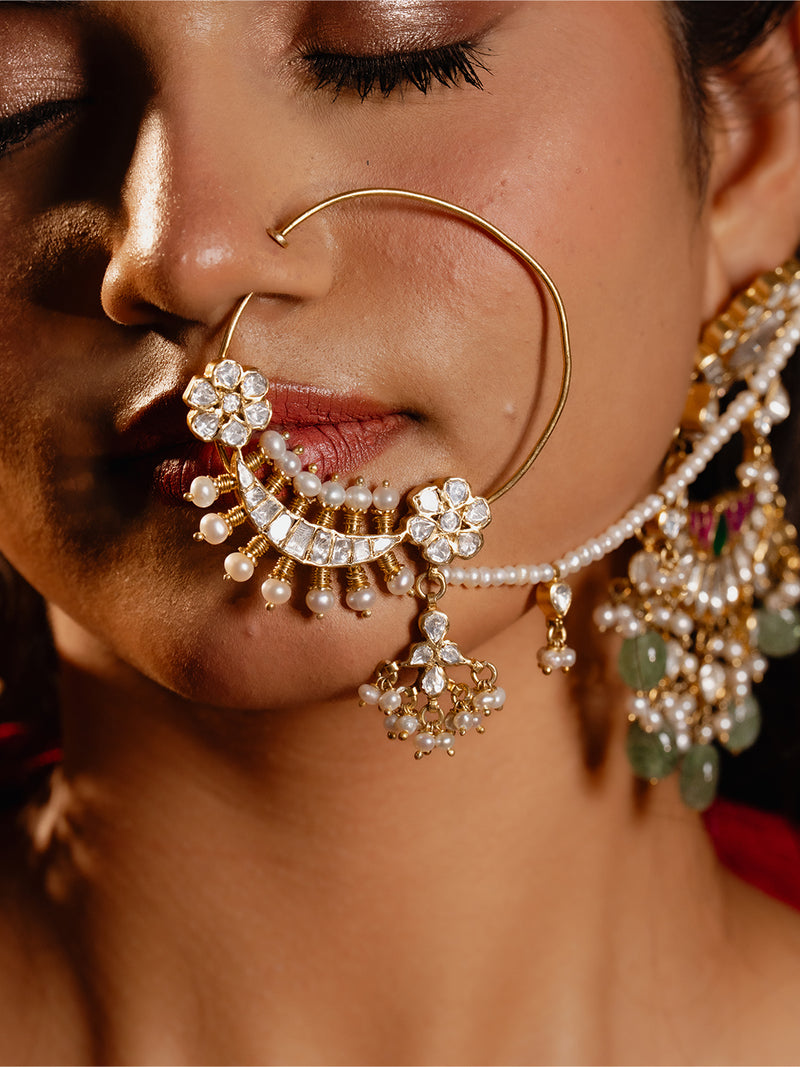 Kundan & Pearl Drop Clip-On Bridal Nath