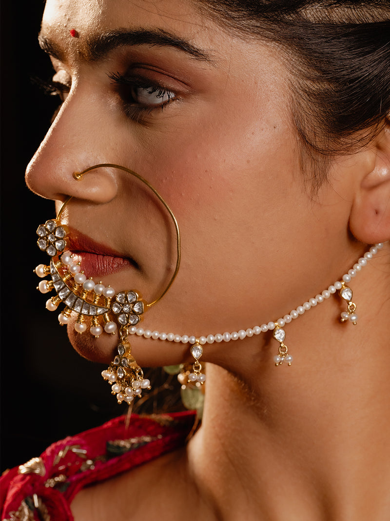 Kundan & Pearl Drop Clip-On Bridal Nath