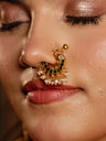 Peacock Motif Nath with Green Stones and Pearl Drops