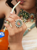 Silver Radha Krishna Hand-Painted Statement Ring