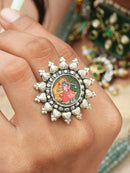 Silver Radha Krishna Hand-Painted Statement Ring