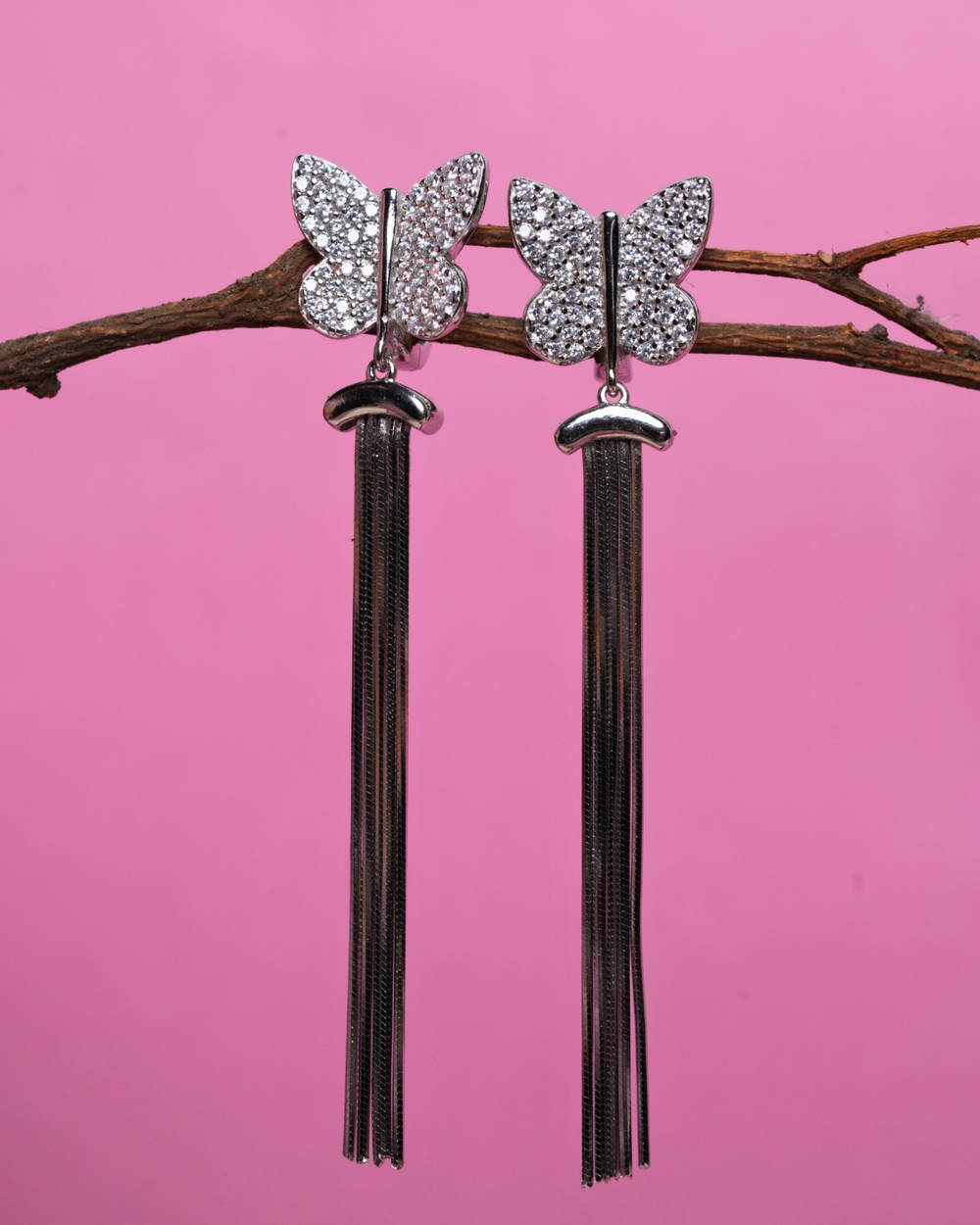 Butterfly Silver Dangle Tassel Earrings